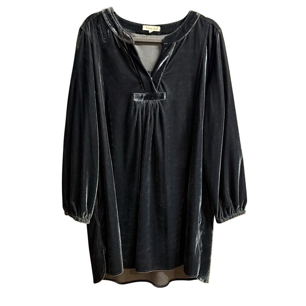 Indigo Soul Dress 2XL Womens Dark Gray Velvet Side Slits Pockets V Neck w/ Snap